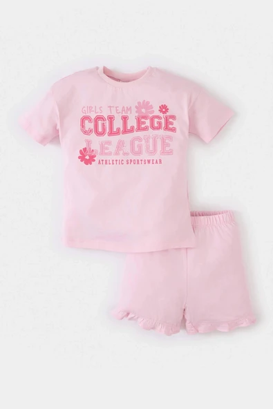 Defacto E0722 Pembe Kız Bebek 2'li Takım Baskılı Kısa Kollu Tişört Beli Lastikli Şort ürün görseli 1