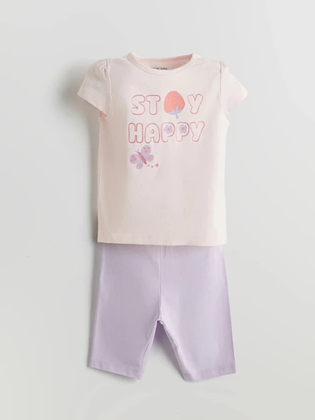 LCW baby Pembe Kız Bebek Baskılı Tişört ve Kapri Tayt 2'li ürün görseli 1