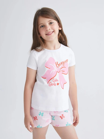 LCW Kids Beyaz Fiyonk Baskılı Kız Çocuk Şortlu Pijama Takım ürün görseli 1