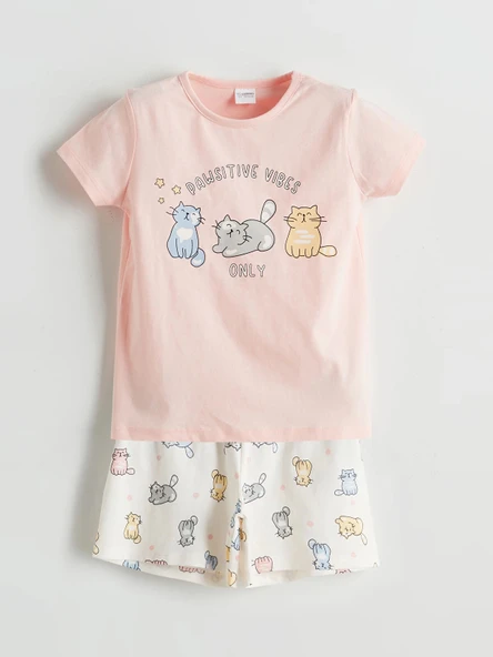 LCW Kids Pembe Baskılı Penye Kız Çocuk Şortlu Pijama Takım ürün görseli 1