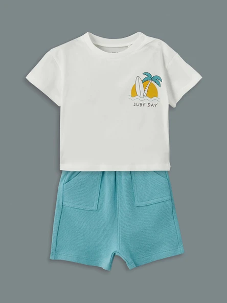 LCW baby Ekru Baskılı Erkek Bebek Tişört ve Şort 2'li ürün görseli 1