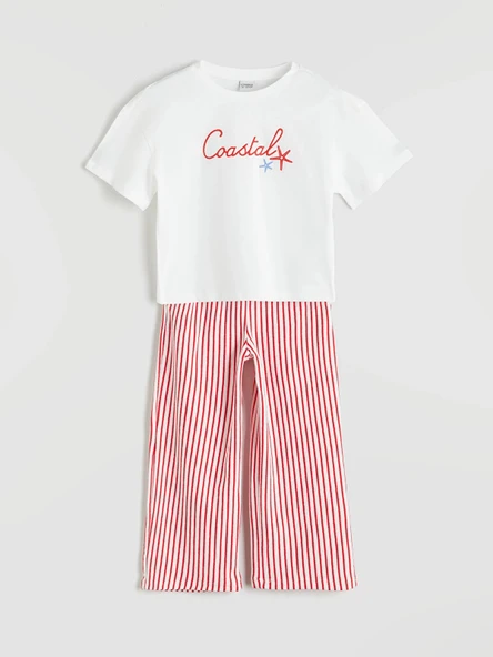 LCW Kids Ekru Bisiklet Yaka Kız Çocuk Tişört ve Pantolon ürün görseli 1