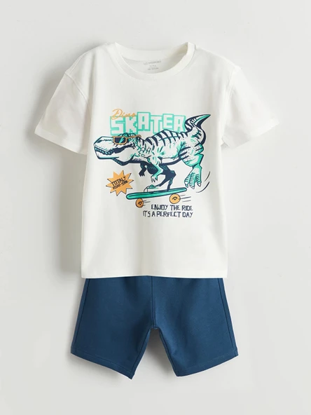 LCW Kids Ekru Dinozor Baskılı Erkek Çocuk Tişört ve Şort 2'li ürün görseli 1
