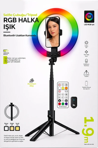 RGB Halka Işık Uzun Tripod Selfie Çubuğu 1.9m-1200 mAh Şarjlı Kumandalı Ring Light Telefon Tutucu ürün görseli 1