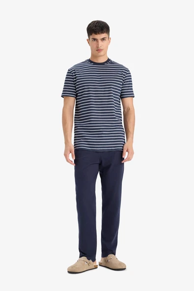 Defacto E0514 Lacivert Pijama Takımı Regular Fit Çizgili Kısa Kollu Üst Uzun Alt ürün görseli 1