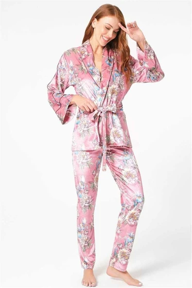 Kadın Kadife Çiçek Baskılı Uzun Kol Sabahlık ve Pantolon Pijama Takım (9732) ürün görseli 1