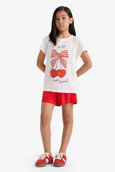 Defacto E0667 Ekru Kız Çocuk Pijama Takımı Baskılı Kısa Kollu Üst Beli Lastikli Şort ürün görseli 1