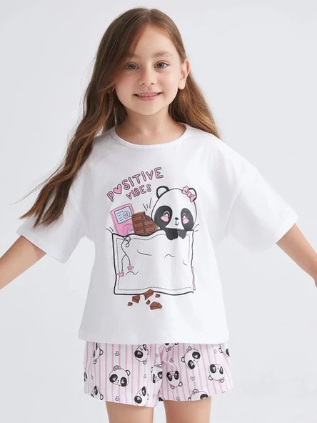 LCW Kids Beyaz Baskılı Kız Çocuk Şortlu Pijama Takım ürün görseli 1