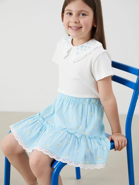 LCW Kids Ekru Çiçekli Kız Çocuk Bluz ve Etek 2'li ürün görseli 1