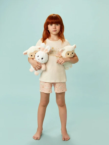 LCW Kids Ekru Bisiklet Yaka Kız Çocuk Şortlu Pijama Takımı ürün görseli 1
