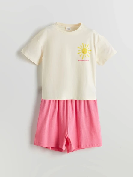 LCW Kids Ekru Bisiklet Yaka Kız Çocuk Şortlu Pijama Takımı ürün görseli 1