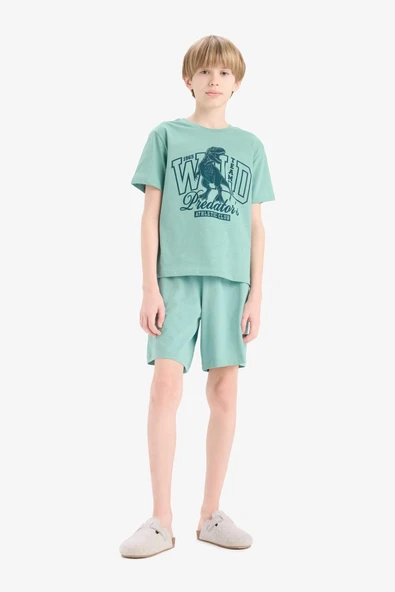Defacto E6649 Yeşil Erkek Çocuk Pijama Takımı Baskılı Kısa Kollu Üst Beli Lastikli Şort ürün görseli 1