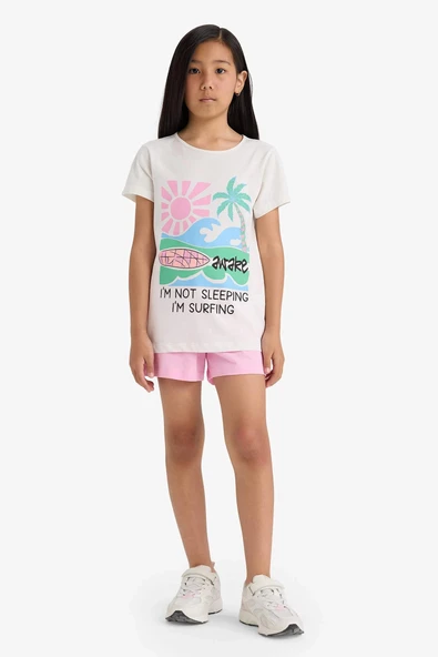 Defacto E0665 Ekru Kız Çocuk Pijama Takımı Baskılı Kısa Kollu Üst Beli Lastikli Şort ürün görseli 1