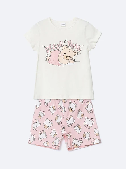 LCW Kids Ekru Baskılı Kız Çocuk Pamuklu Şortlu Pijama Takımı ürün görseli 1