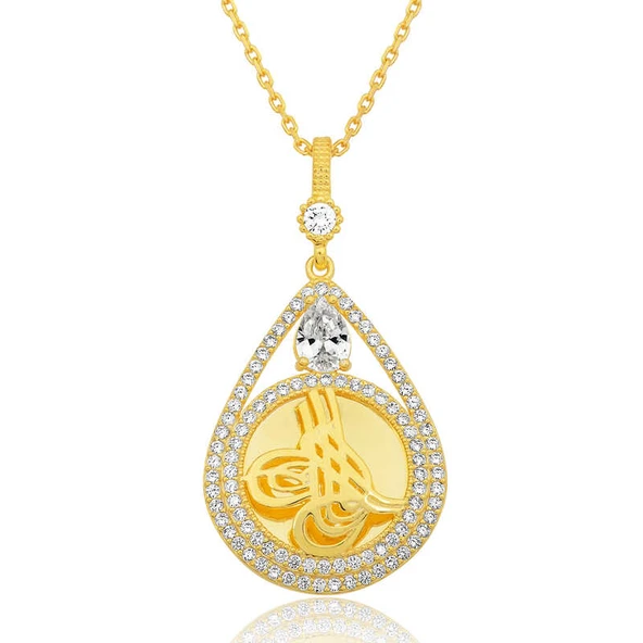 925 Ayar Gümüş Gold Kaplama Damla Tuğralı Kadın Kolye ürün görseli 1