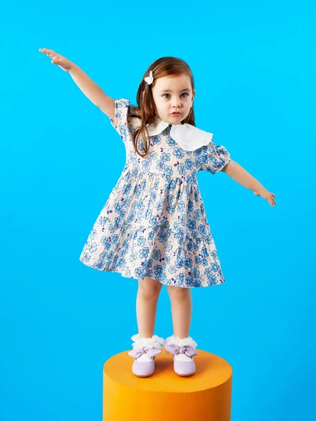 LCW baby Ekru Bebe Yaka Kısa Kollu Desenli Kız Bebek Elbise ürün görseli 1