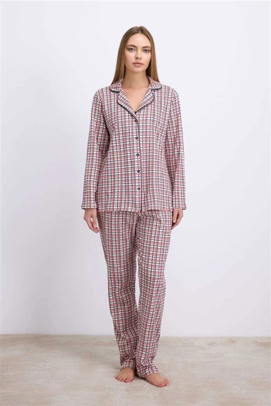 Anıl Kadın Pamuklu Uzun Kol Düğmeli Gömlek ve Ekose Pantolon Pijama Takımı Zamansız Şıklık 11627 ürün görseli 1