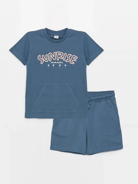 LCW Kids Indigo Bisiklet Yaka Baskılı Kısa Kollu Erkek Çocuk Tişört ve Şort ürün görseli 1
