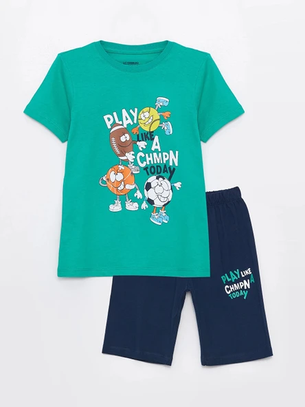 LCW Kids Yeşil Bisiklet Yaka Baskılı Kısa Kollu Erkek Çocuk Şortlu Pijama Takımı ürün görseli 1
