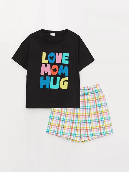 LCW Kids Siyah Bisiklet Yaka Baskılı Kısa Kollu Kız Çocuk Şortlu Pijama Takımı ürün görseli 1
