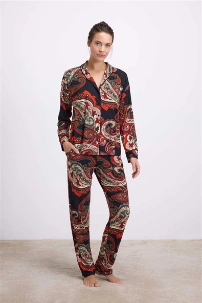Anıl Kadın Desenli Uzun Kollu Gömlek ve Pantolon Pijama Takımı (11545) ürün görseli 1