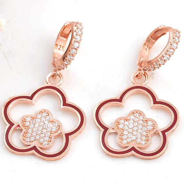 ​925 Ayar Gümüş Rose Sallantılı Çiçek Desenli Kadın Küpe ürün görseli 1