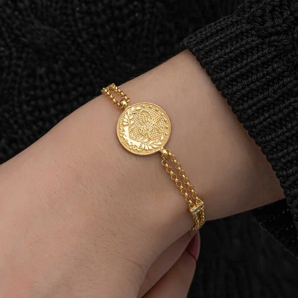 925 Ayar Gümüş Gold Kaplama Tuğralı Kadın Bileklik ürün görseli 1