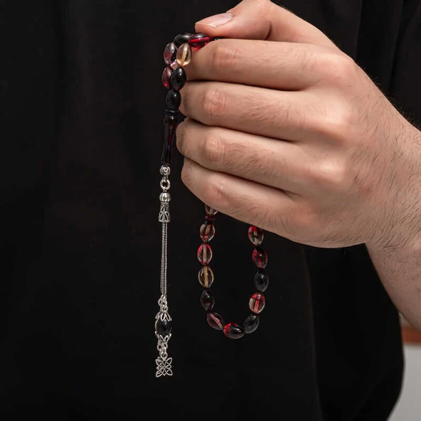 Gümüş Püskül Sıkma Kehribar Tesbih - Resim 3