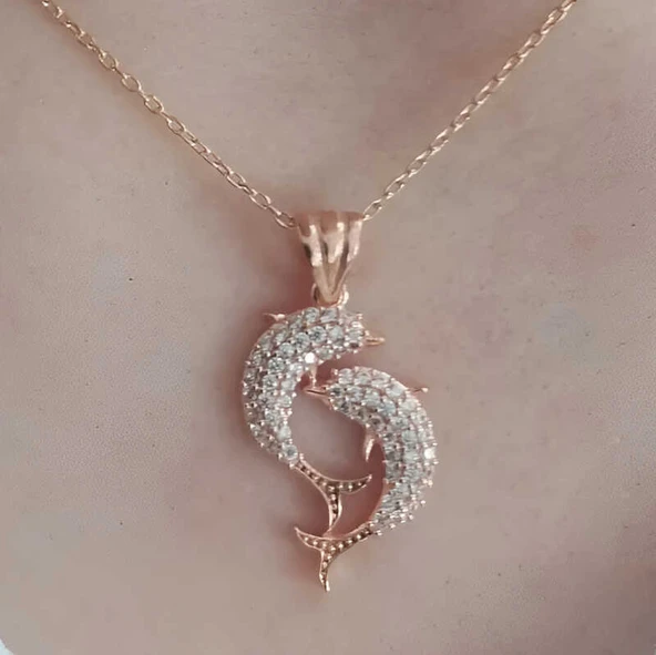 Gümüş Rose Çift Yunus Balığı Kadın Kolye ürün görseli 1