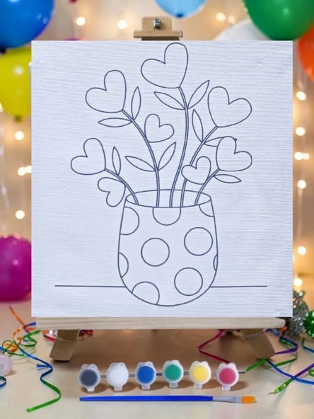 Saksıda Çiçek Tuval Boyama Aktivite Seti 19x19 Cm (Tuval, Şövale, Fırça ve 6 Renk Akrilik Boya Seti) ürün görseli 1