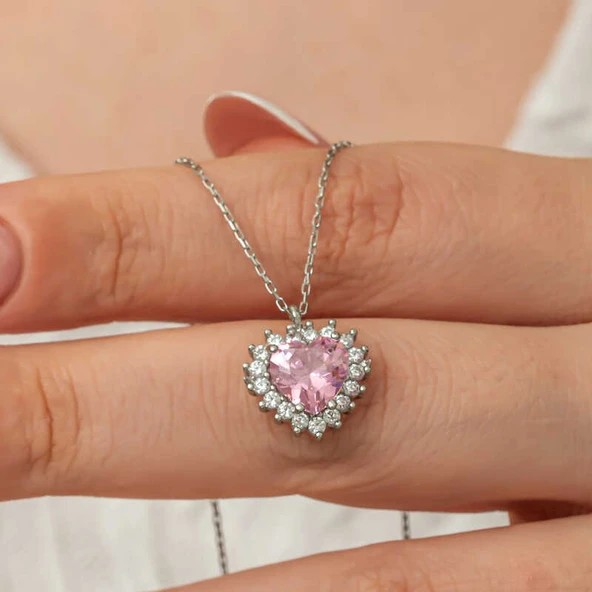Gümüş Pembe Taşlı Kalp Kadın Kolye ürün görseli 1