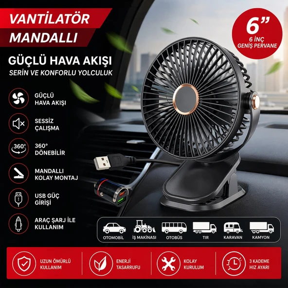 Mandallı Araç İçi Vantilatör 6 İnç 360° Dönebilen USB ve Çakmaklık Uyumlu Sessiz Fan ürün görseli 1