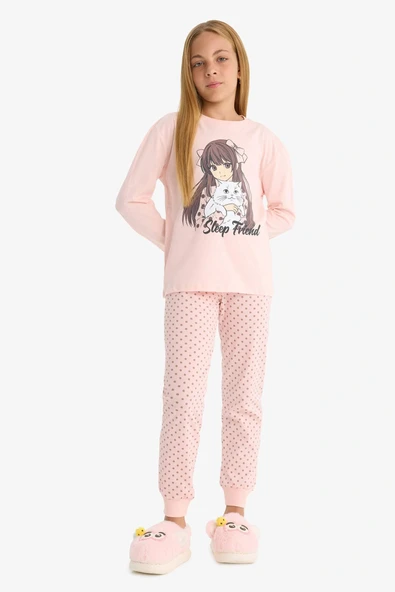 Defacto F6169A8PN127 Pembe Kız Çocuk Pijama Takımı Baskılı Uzun Kollu Üst Desenli Uzun Alt ürün görseli 1