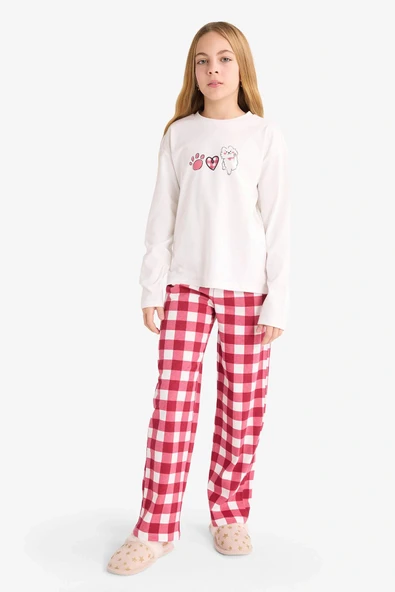Defacto F7287A8ER103 Ekru Kız Çocuk Pijama Takımı Baskılı Uzun Kollu Üst Kareli Uzun Alt ürün görseli 1
