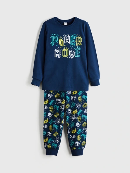 LCW Kids Lacivert Bisiklet Yaka Baskılı Erkek Çocuk Pijama Takımı ürün görseli 1