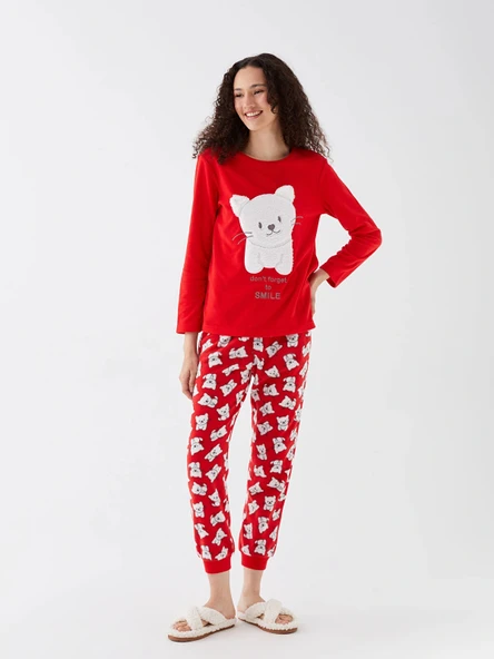 LCW Young Kırmızı Bisiklet Yaka Nakışlı Polar Kadın Pijama Takımı ürün görseli 1