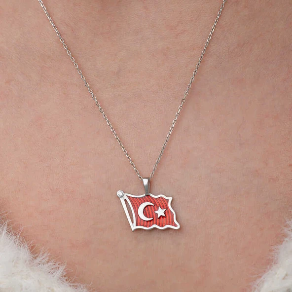 Gümüş Türk Bayrağı Kadın Kolye - Resim 4