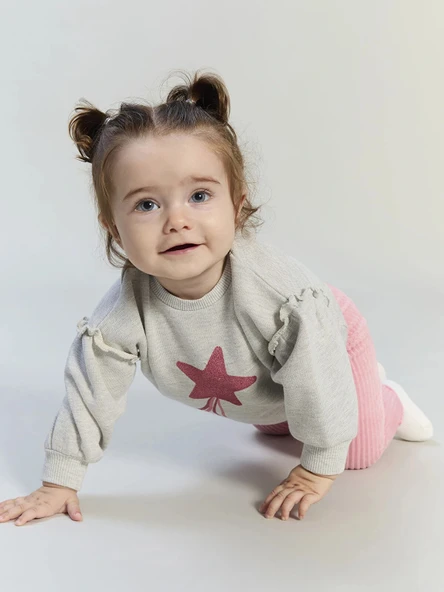 LC WAIKIKI Gri Yıldız Baskılı Kız Bebek Sweatshirt ve Tayt ürün görseli 1