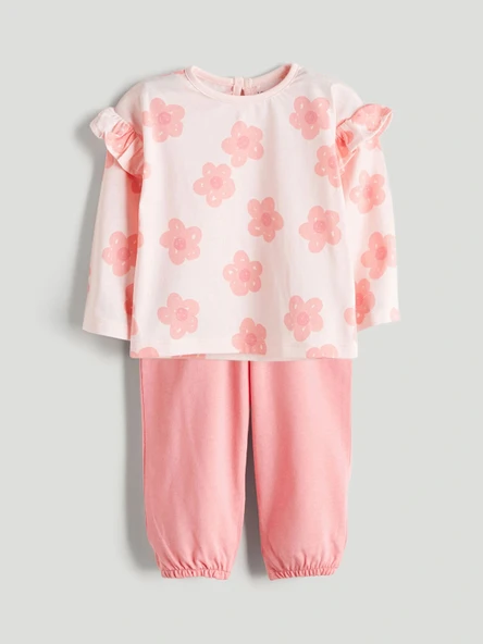 LCW baby Pembe Çiçek Baskılı Fırfırlı Kız Bebek Bluz ve Tayt 2'li ürün görseli 1