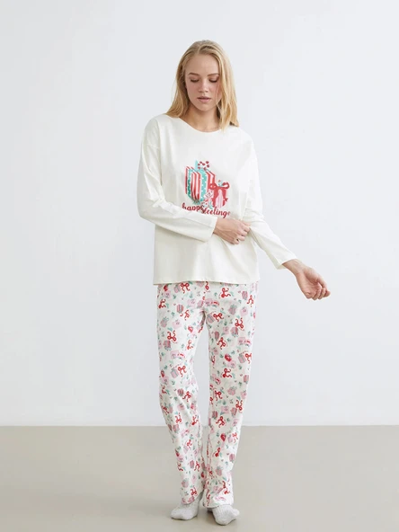 LCW DREAM Ekru Bisiklet Yaka Baskılı Kadın Pijama Takımı ürün görseli 1