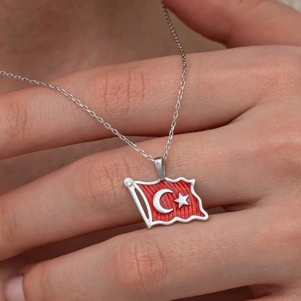 Gümüş Türk Bayrağı Kadın Kolye - Resim 2