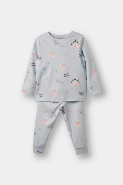 Defacto F0631A5BE61 Mavi Kız Bebek Pijama Takımı Desenli Uzun Kollu Üst Uzun Alt ürün görseli 1