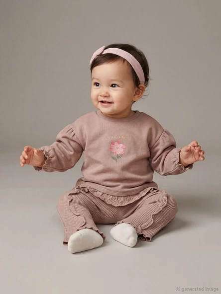 LCW baby Kahverengi Bisiklet Yaka Kız Bebek Sweatshirt ve Tayt ürün görseli 1