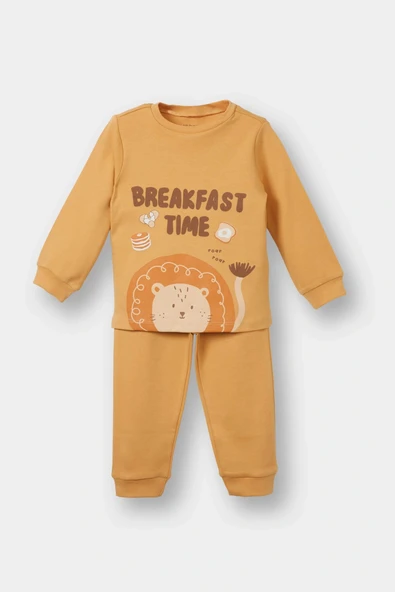 Defacto F0551A5OG615 Turuncu Erkek Bebek Pijama Takımı Aslan Baskılı Uzun Kollu Üst Uzun Alt ürün görseli 1