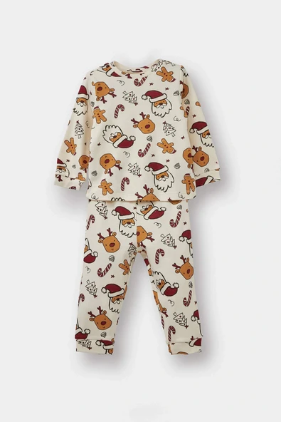 Defacto F0557A5ER233 Ekru Erkek Bebek Pijama Takımı Yılbaşı Temalı Uzun Kollu Üst Uzun Alt ürün görseli 1