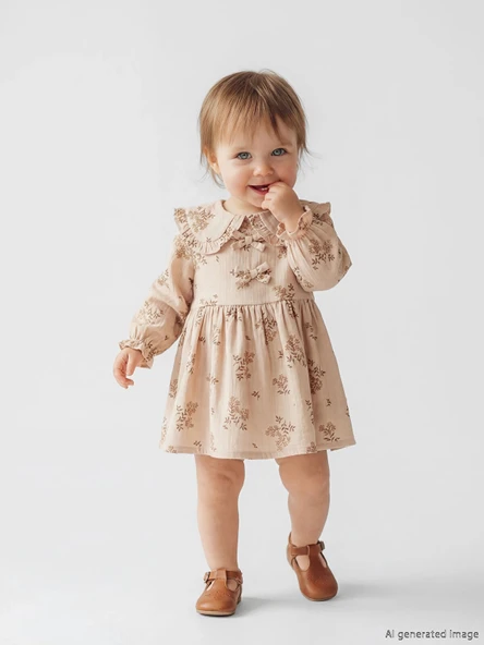 LCW baby Bej Bebe Yaka Çiçekli Kız Bebek Müslin Elbise ürün görseli 1