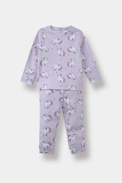 Defacto F0632A5PR306 Mor Kız Bebek Pijama Takımı Unicorn Baskılı Uzun Kollu Üst Uzun Alt ürün görseli 1