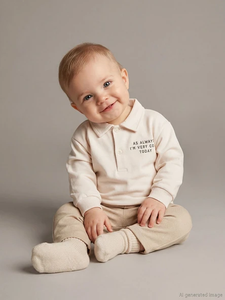 LCW baby Bej Polo Yaka Erkek Bebek Sweatshirt ve Pantolon ürün görseli 1