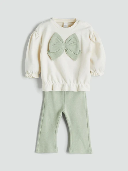 LCW baby Ekru Fiyonk Detaylı Yumuşak Dokulu Kız Bebek Sweatshirt ve Tayt ürün görseli 1