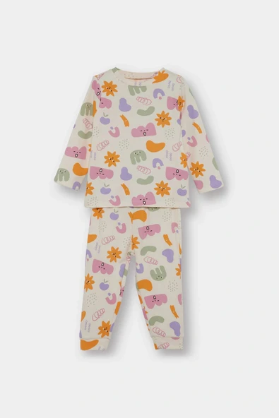 Defacto F0635A5ER233 Ekru Kız Bebek Pijama Takımı Desenli Uzun Kollu Üst Uzun Alt ürün görseli 1
